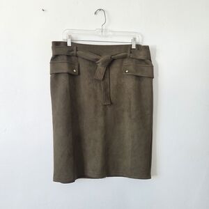 NYCC Olive Green Faux Suede Midi Skirt Waist Tie Preppy Professional Modest L